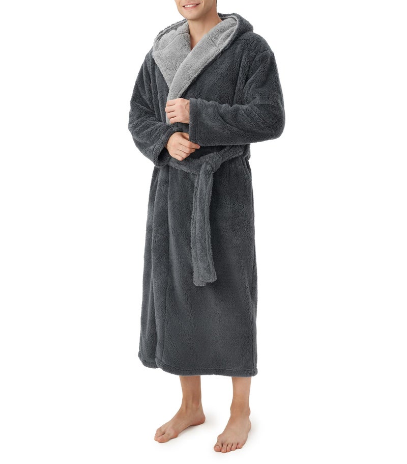 DAVID ARCHY Men's Soft Plush Fleece Robe Full Length Hooded Long Bathrobe for Men with Hood (L, Dark Gray- Shu Velveteen) - Image 1